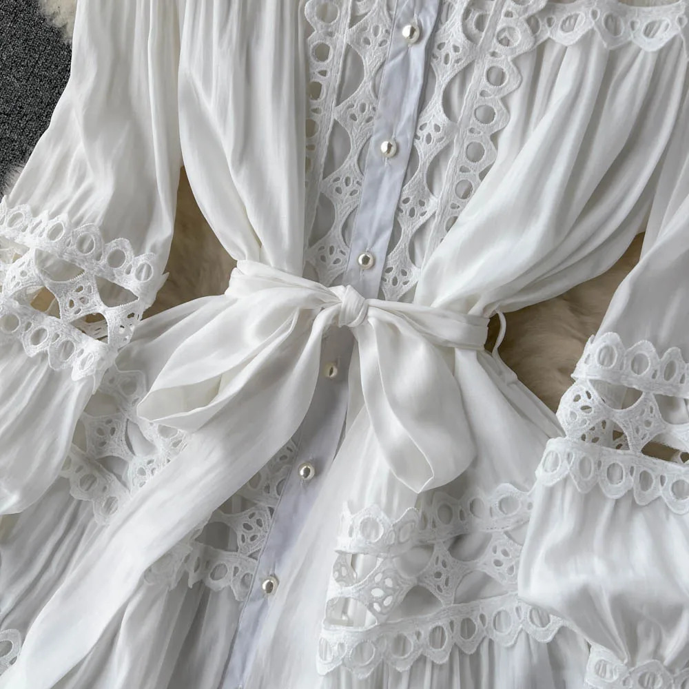 Vintage Folds Lace Hollow Out Lantern Sleeves Long Sleeves Single Breasted Dress Casual Women A-line Fashion Autumn Dress
