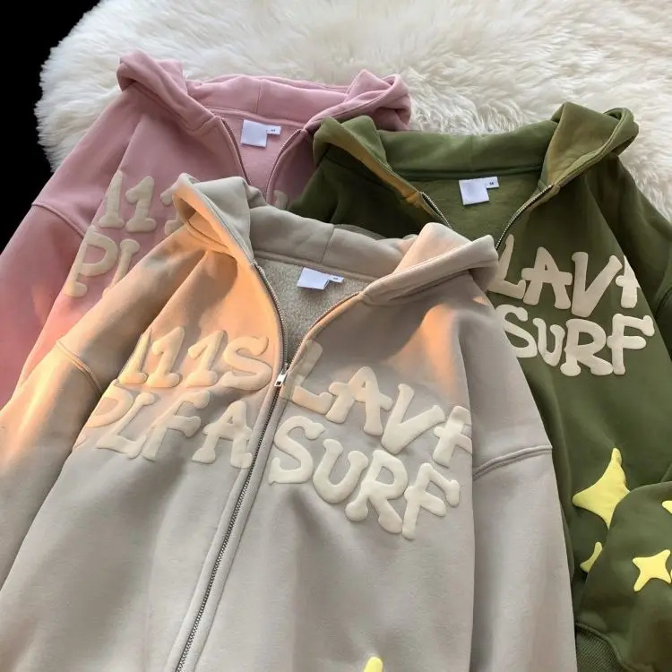 American Letter Print Hoodies Cardigan Womens Y2K Street Hip-Hop Trend Sweatshirts Couple Lazy Wind Loose Zipper Hoodies Coat 240819