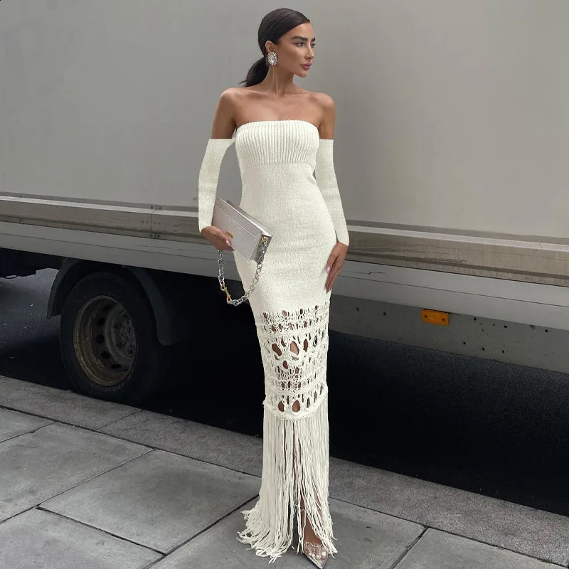 Knitted Tassel Hollow Out Long Sleeves Sexy Sheath Maxi Evening Prom Women Sexy Off Shoulder Slim Fit Dress Sweater Party 240823