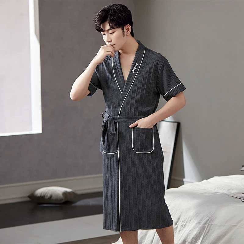 Fashionable Bathrobe new thin cotton knitted mens long robe V-neck mens sexy pajamas summer mens kimono short sleeved pajamas L-4XLW240719