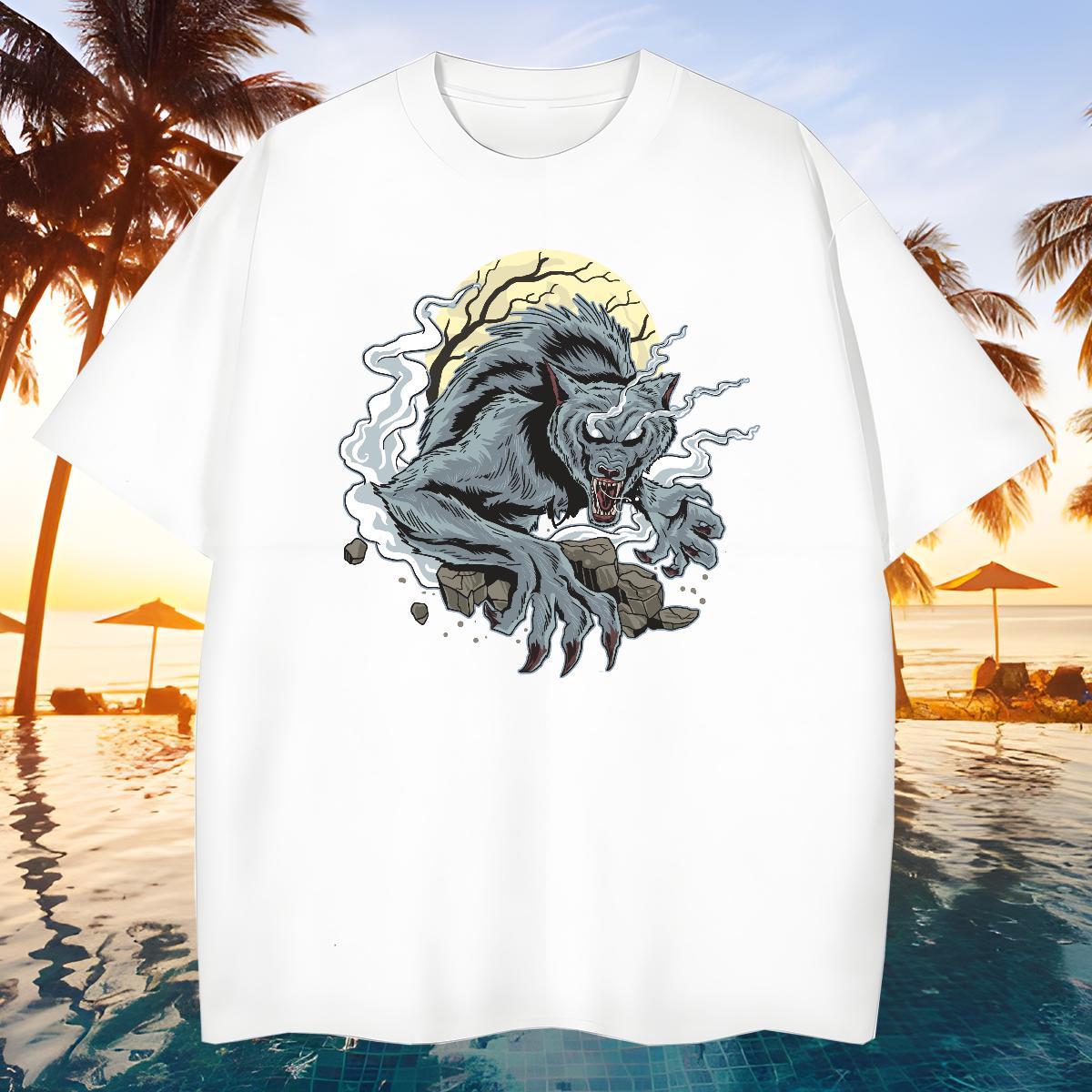 TOP Quality Men T Shirts wolf Breathable Short Sleeve Anime Printing Street Cartoon Printing L-4XL 230g Cotton Tshirts Fashion Designer Tops Tees