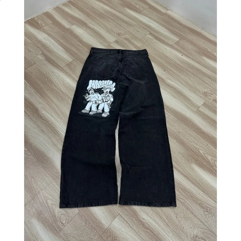High street geometric print black oversized jeans men clothing y2k clothing 2000s American casual straight baggy pants 240819
