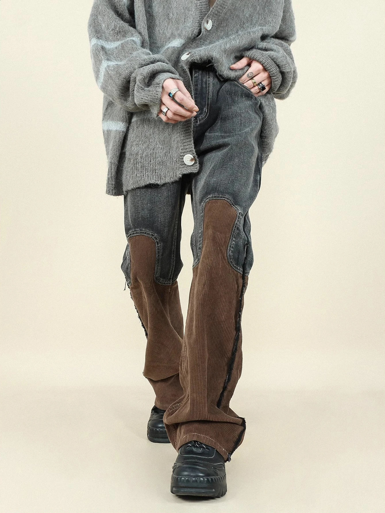 Faux Corduroy Men Flare Jeans Patchwork Tassel Splicing Cowboy Wide Leg Bootcut Pants Loose Male Trousers Vintage Y2k Streetwear 240819