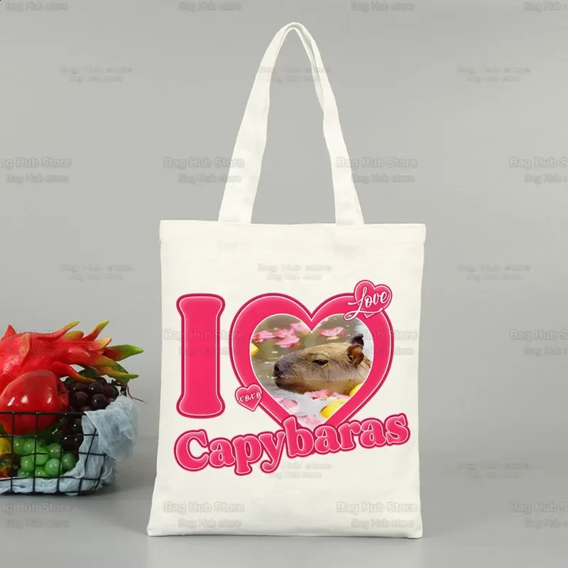 Interesting animal Capybara cartoon cute womens canvas handbag ecofriendly shopping bag shoulder folding beach 240820
