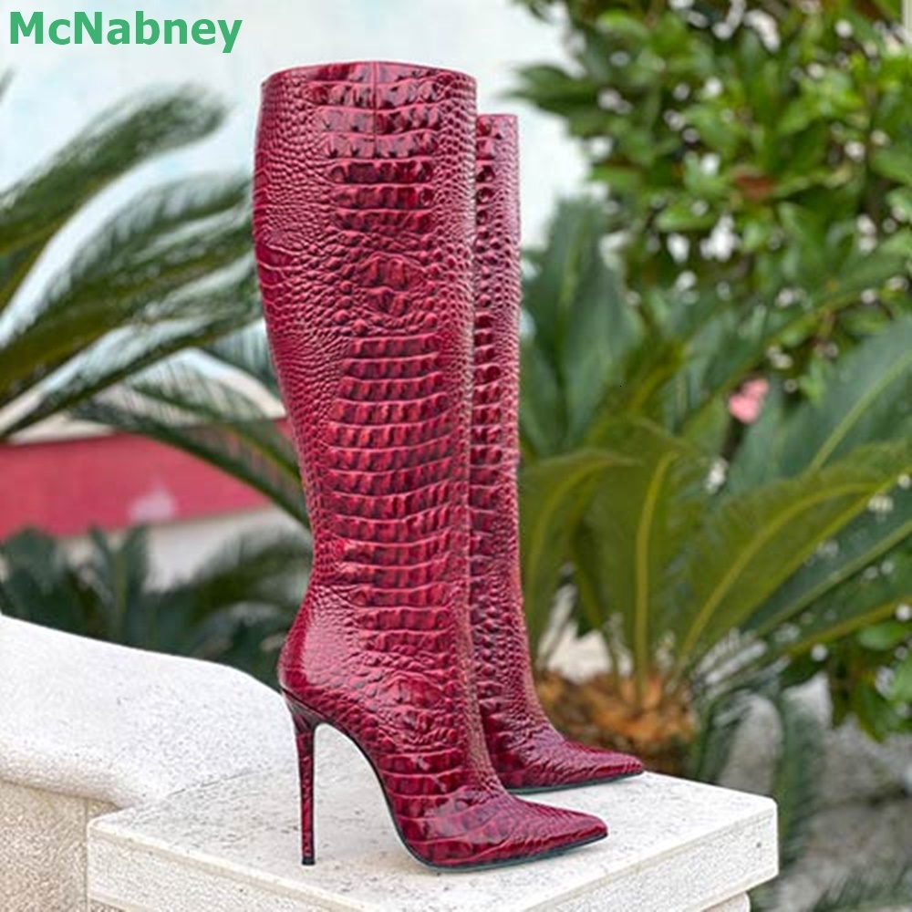 Solid Stone Pattern Pointed Toe Winter Boots For Female Women Thin High Heel Knee-High Slip-On Handmade Elegannt All-Match Shoes 241117