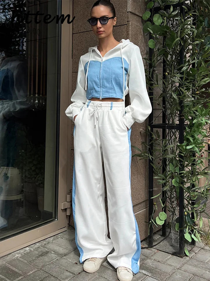 Casual Comparison Hoodie Pants Set Womens Ultra Thin Zipper Short Lace Wide Leg Autumn Fashion Track Clothing 240819