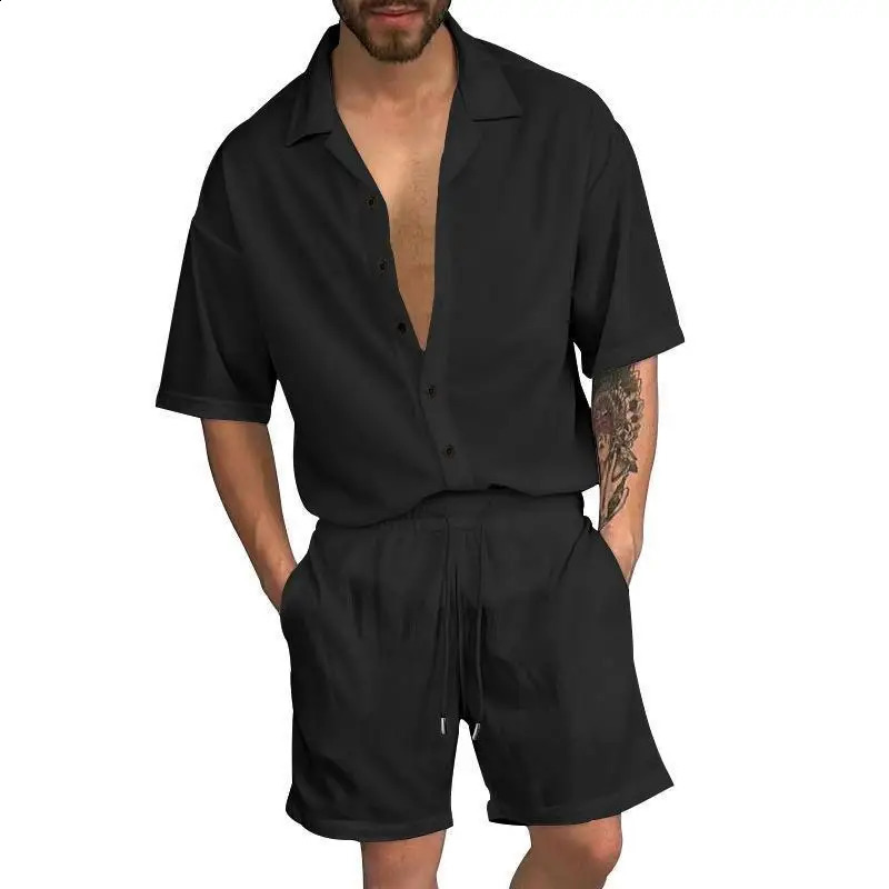 Fashion Mens Outfit Set Summer Beach Solid Short-sleeved Cardigan Shirt Shorts Suit Male Casual Suits Male Costumes Pour Hommes 240819