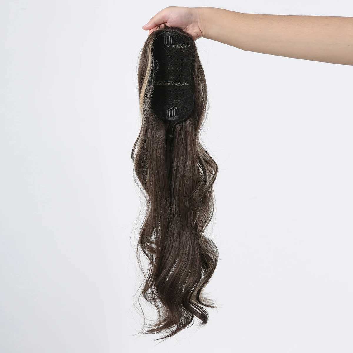 Ponytail hair extensions into a long wavy brushed ponytail suitable for brown women with golden highlights ponytail wig W240817