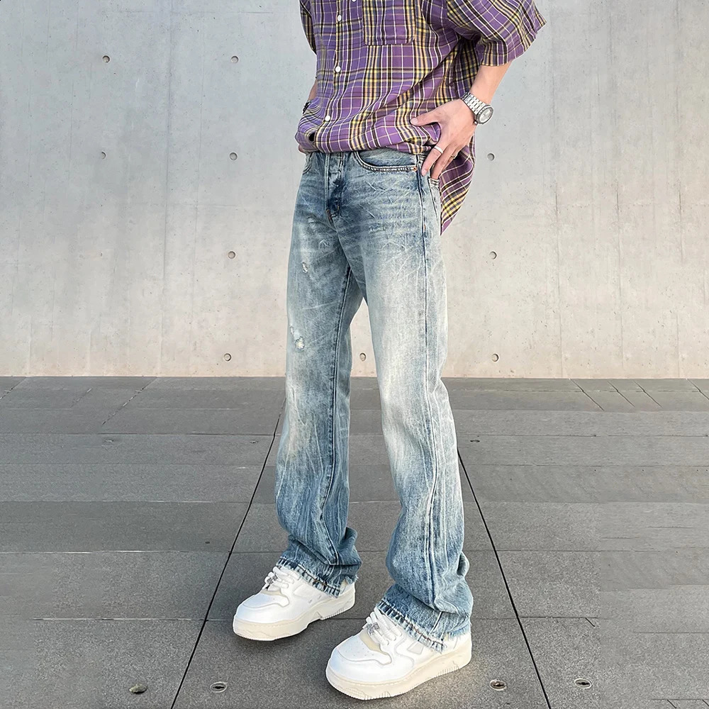 Jeans for Men Y2k High Street Original Vintage Flared Trousers Summer Fit Streetwear Casual Autumn Blue Fashion Slim Denim Pants 240819