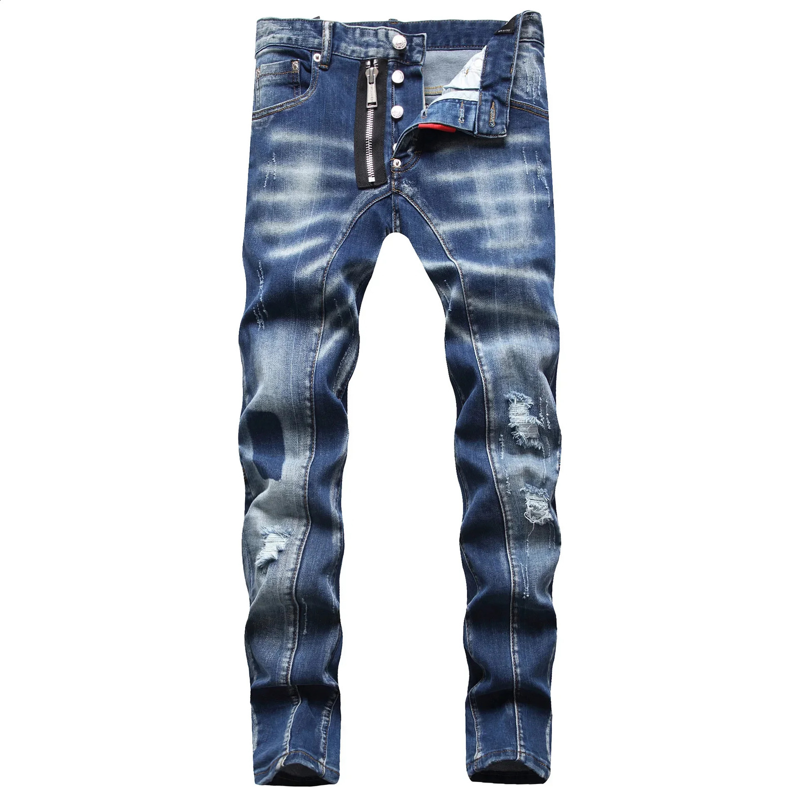 Mens open top jeans y light blue hole long highquality mens elastic ultrathin pants tight clothing 240819