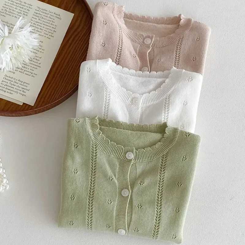 2024 Summer Newborn Baby Girl Sun-protection Solid Cotton Spring Thin Sweater Cardigan Boys Hollow Knitted Thin Sunscreen JacketXJ240819