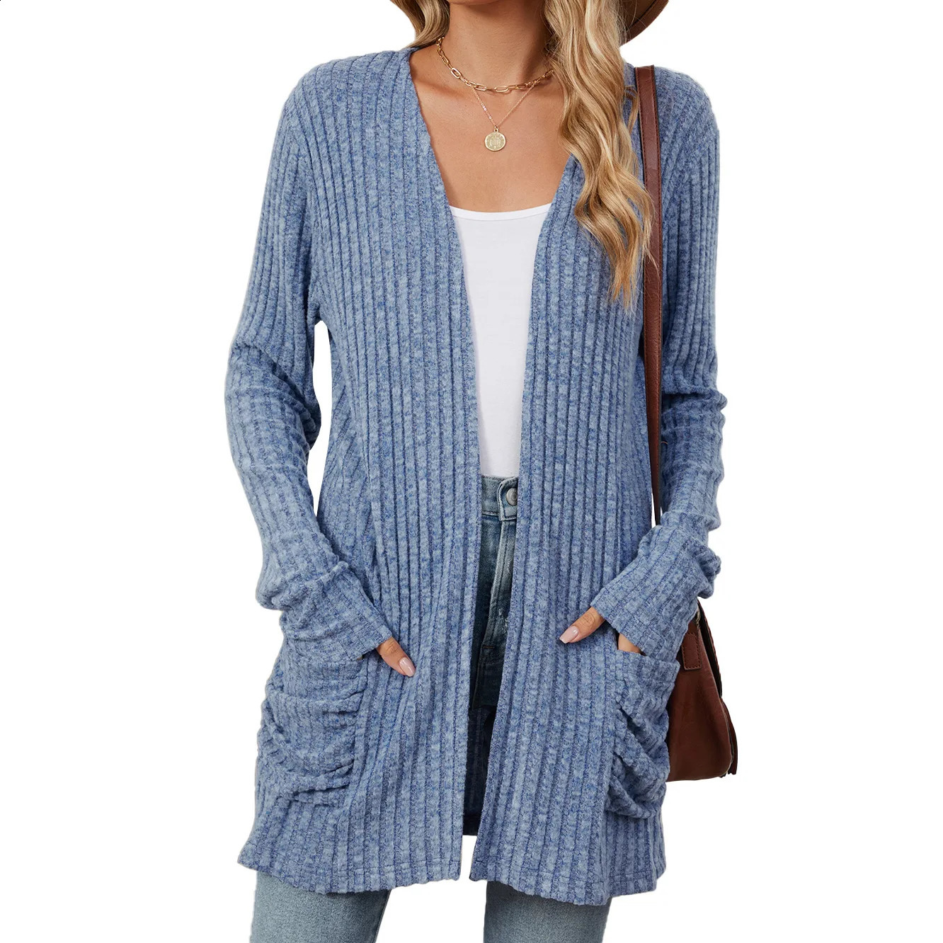Womens fashionable casual solid cardigan wool sweater pocket knitted top front long sleeved autumnwinter coat 240819