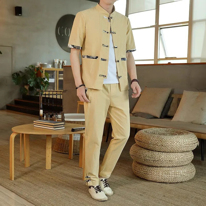 ShirtsPants summer chinese style elastic waist Cardigan Mens set Casual Sets Male Fashion trousers and shirt men size M-5XL 240819