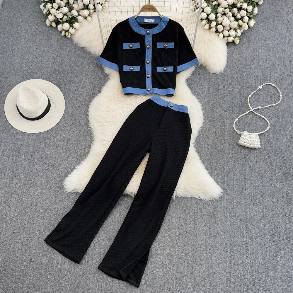 Women 2 Pieces Clothing Sets O-Neck Short Sleeve Patchwork Button Tops High Waist Split Straight Trousers Suits Outfits 240819