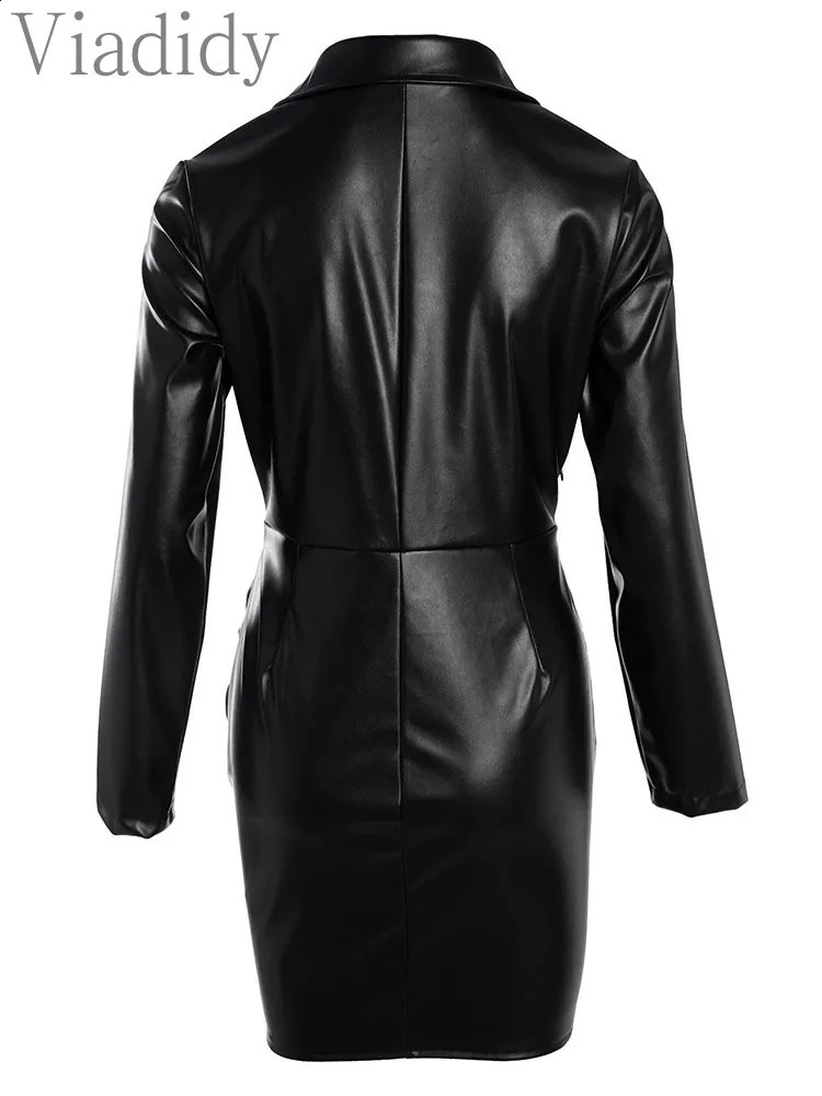 PU Leather Turndown Collar Low Cut Long Sleeve Ruched Bodycon Dress 240819