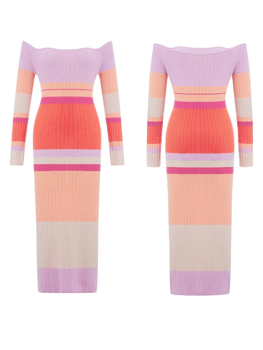 Women Y2K Striped Knit Long Dress Long Sleeve Square Neck Color Block Bodycon Dress Sexy Off Shoulder Dress 2000s Streetwear 240819