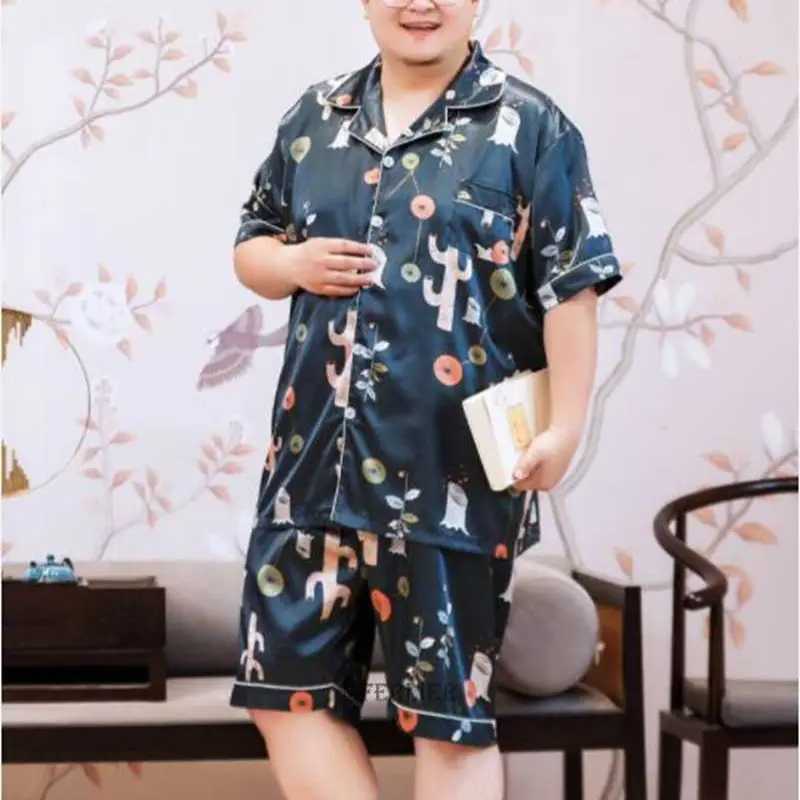 New Summer Mens Ice Silk Pajamas 6XL 7XL Striped Dot Short Sleeve Pajama Set ComfortableW240719