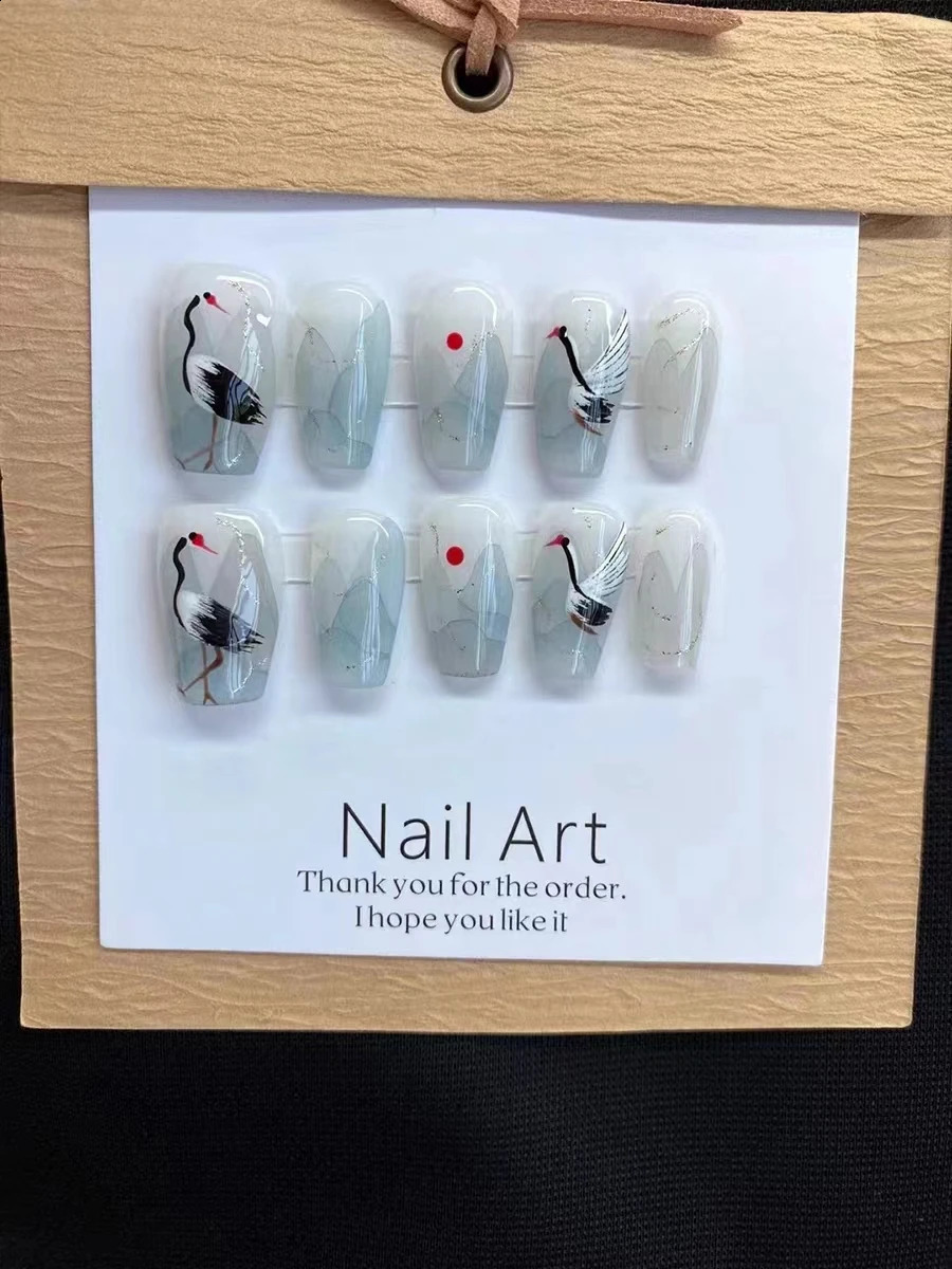 Handmade Nails Set Press on Long fake Nails with Glue Chinese Hand Paint Design Acrylic Full Cover Nail Tips for Girls 240815