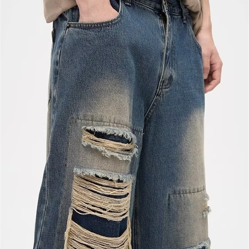 Y2K Man Jeans Korean retro hole repair jeans mens American style high street loose straight wide leg mopping trousers 240819