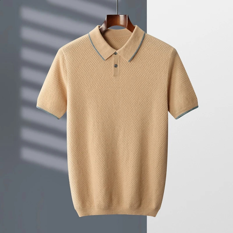100 Cashmere TShirt Mens POLO Neck Short Sleeve Spring And Summer 2023 Fashion Knitted Pullover Vest 240819