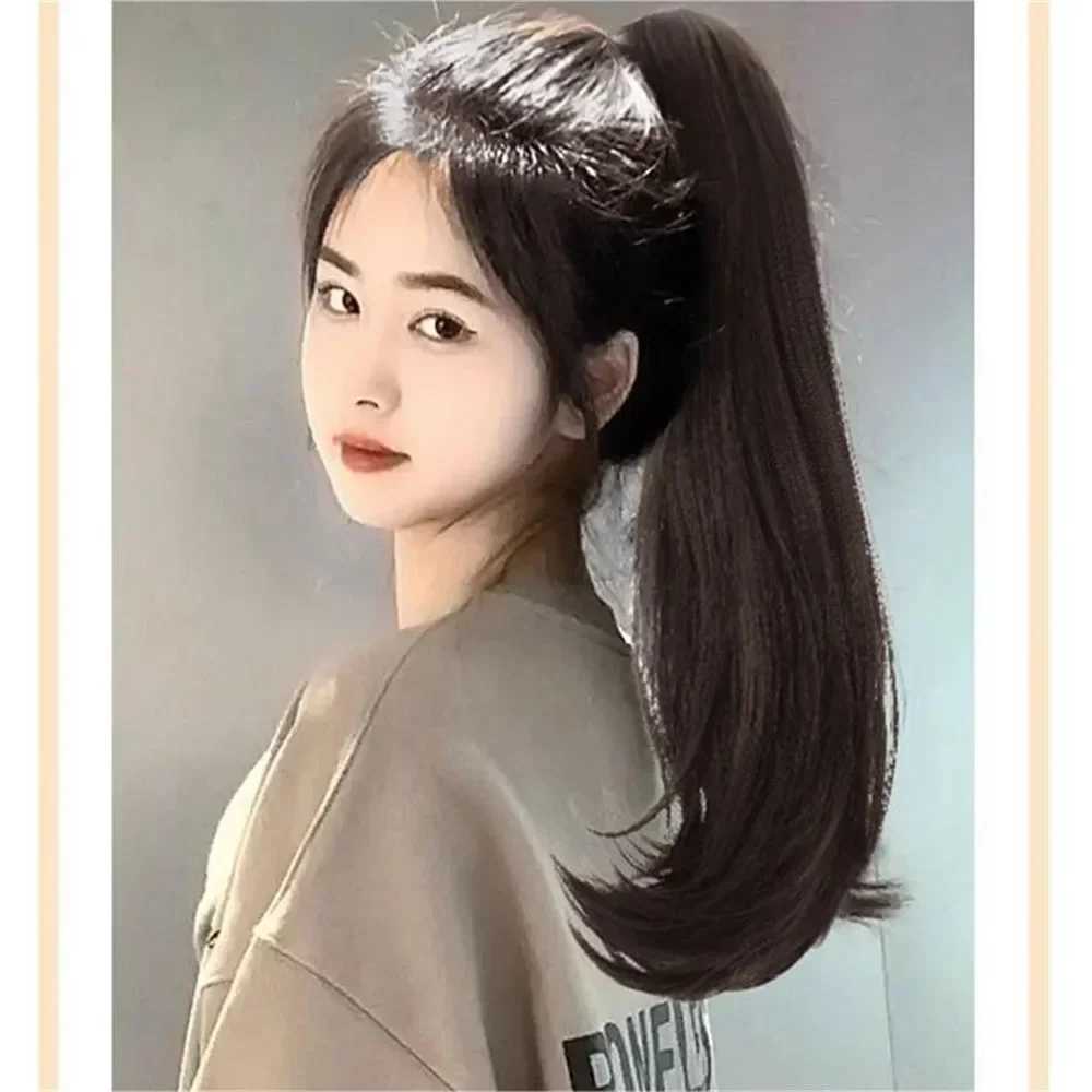 45cm natural synthetic straight ponytail clip wig for women simulating fluffy and slightly tilted hair extension W240817