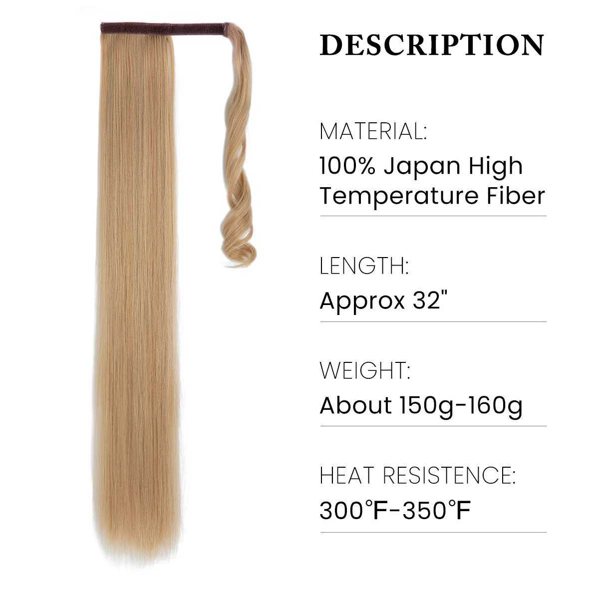 Synthetic long straight ponytail with hair extension of 32 inches clipped onto a fake wig with blonde hair wrapped around the braid smooth ponytail W2