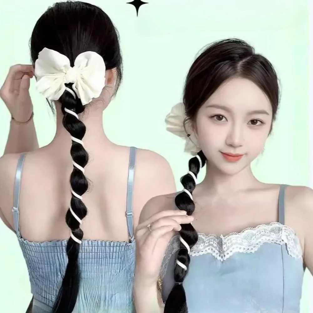 Womens synthetic wig clip fashionable bow tie phone line fake ponytail wig womens twisted braided bubble tied hair extension W240817