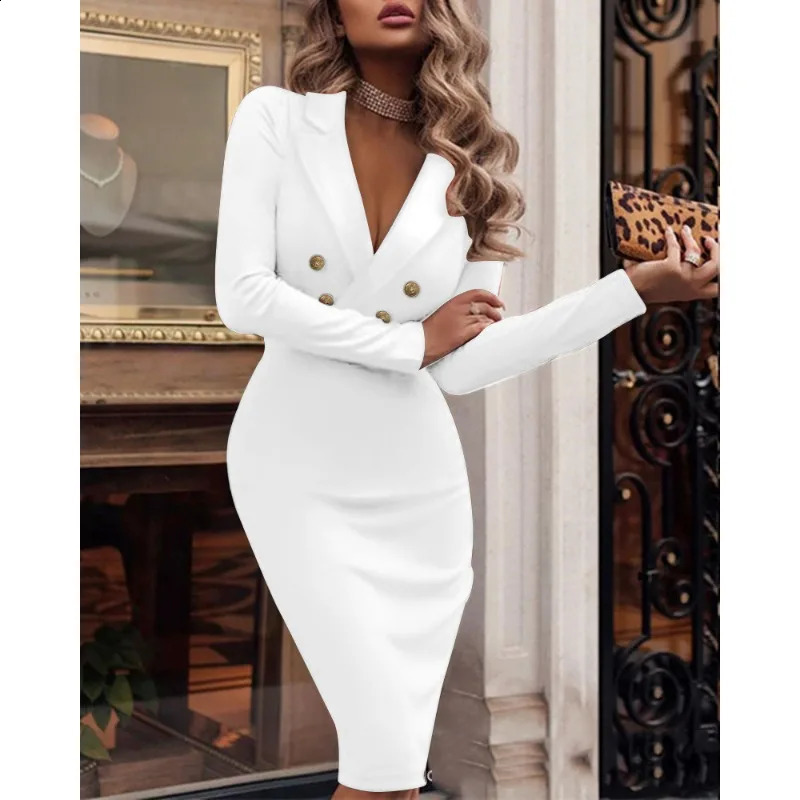 Spring Summer Business Suit and Dress Women Solid V-neck Double Breasted Dress Women Long Sleeve Slim Fit Elegant Dress 240819