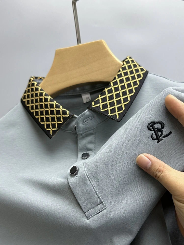 fashionable plaid lapel short sleeved polo shirt for mens summer high-end cotton comfortable breathable T-shirt men 240820