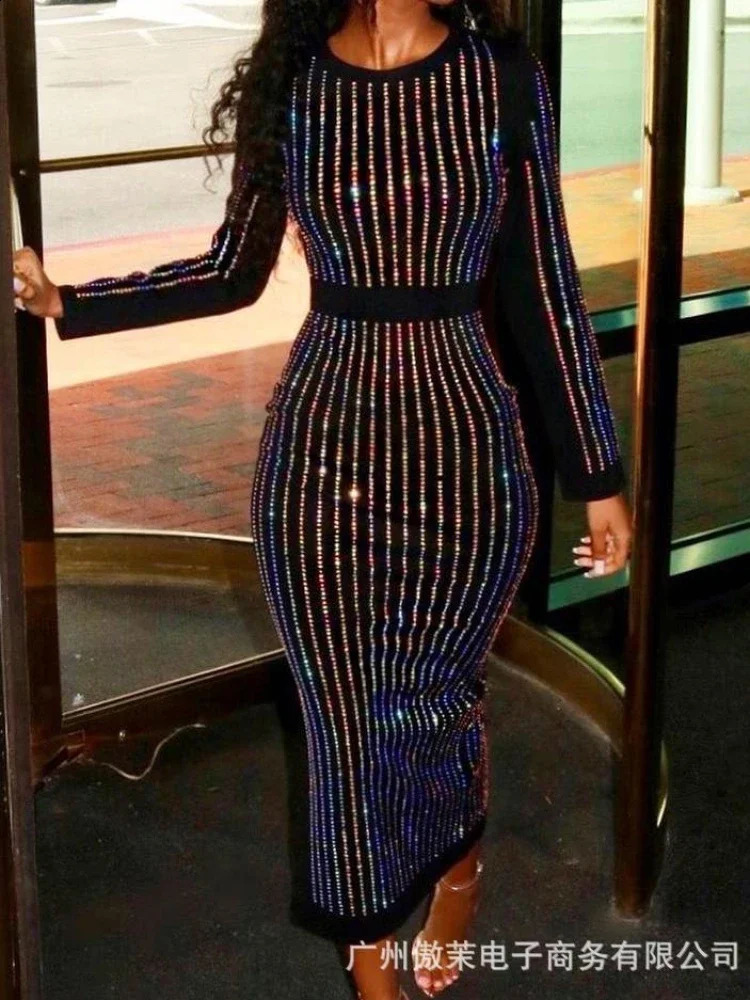 Sequin Round Neck Women Dress Striped Solid Splice Party Tight High Waist Casual Sexy Hip Wrap Long Sheath Dresses 240819
