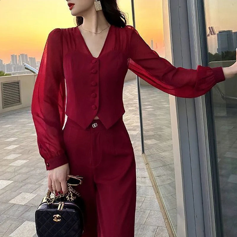 Summer Solid Color Suit Women V-neck Slim Long Sleeve Lace Patchwork Button Cardigan and Zipper High Waist Wide Leg Trousers 240819