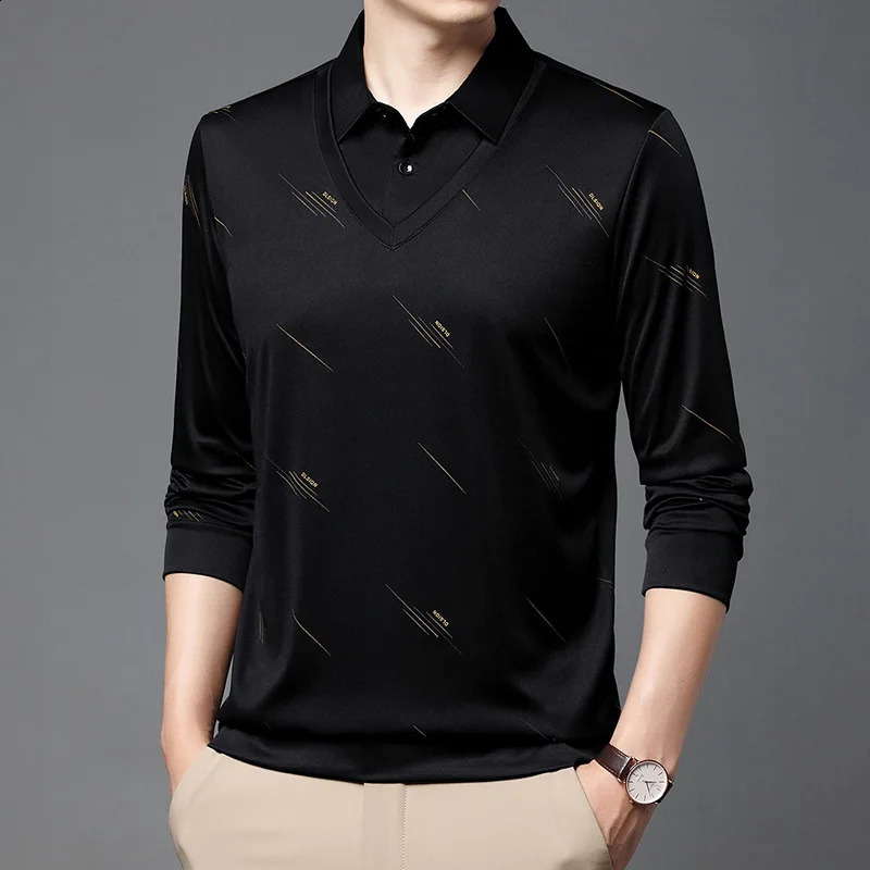 Spring and Autumn Mens Pullover Lapel Button Solid Letter Print Long Sleeve Tee T-shirt Polo Bottom Fashion Casual Formal Tops 240820
