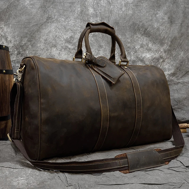 60cm Vintage Mens Leather Travel Bag Real Leather Weekender Bag Overnight Travelling Handbag For 3 days Business Travel 240819