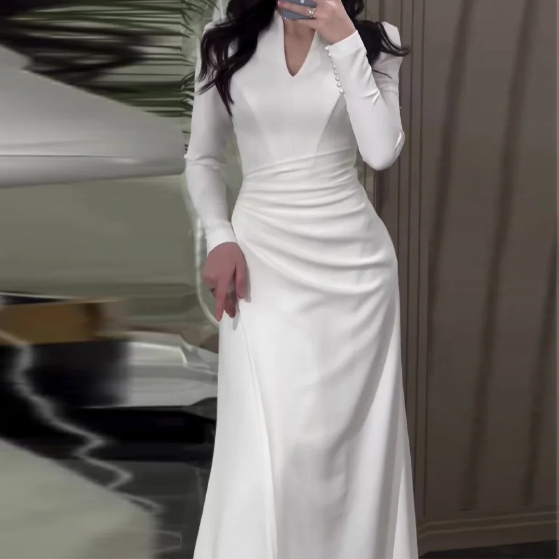 Dress Women Solid Long Dresses V Neck Full Sleeve Slim Fit Sheath Splice Regular Elegant A Line Vestidos Office Ladies 240819