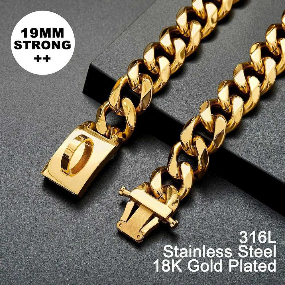 Gold Chain Dog Collar with Secure Snap Buckle 19MM Cuban Link Dog Collar Chew Resistant Heavy Duty Pit Bull Collar for Big Dogs M240820