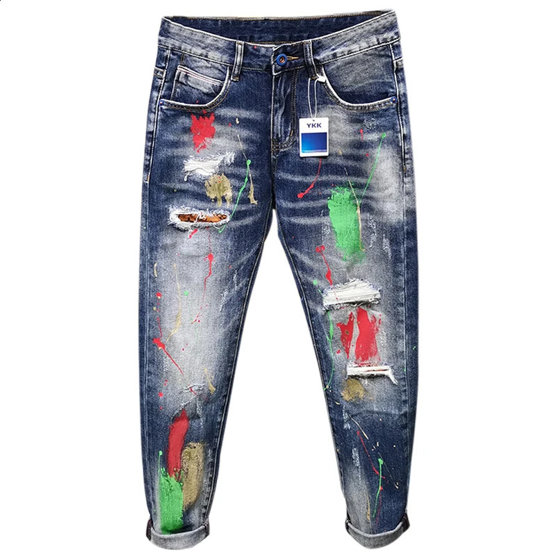 Mens Graffiti Jeans Fashion Spray Paint Ripped Hole Personality Hip-hop Streetwear Male Clothing Slim Youth Denim Trousers