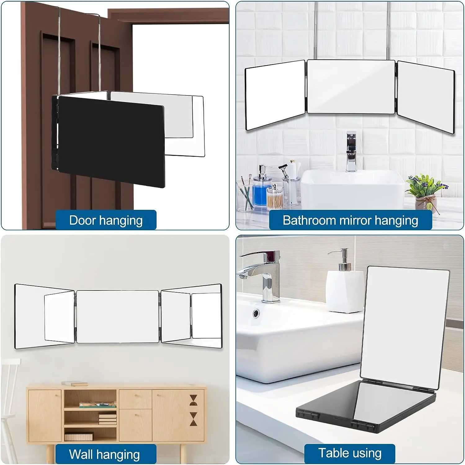 Black Portable 360 Trifold Mirror with Height Adjustable Telescoping Hooks Ideal for Self Hair Cutting Makeup Essential Fordable Y240819