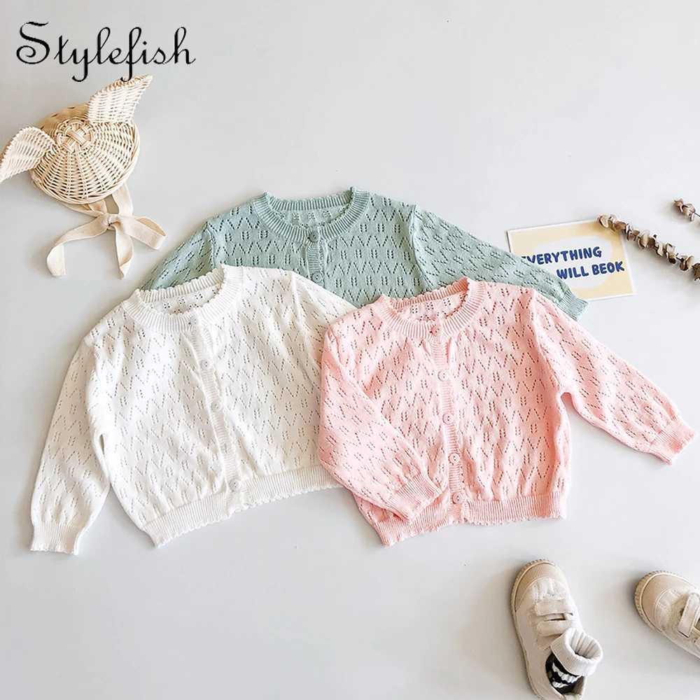 ins coat baby new sweet princess solid color cardigan sunscreen air-conditioned shirt long sleeve knitted hollow coat 3 colorsXJ240819