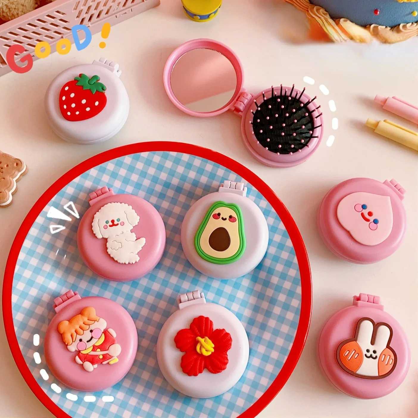 1pcs Mini Cute Folding Air Comb with Mirror Compact Pocket Portable Travel Hair Brush Cosmetic Makeup Mirror Head Massager Relax Y240819