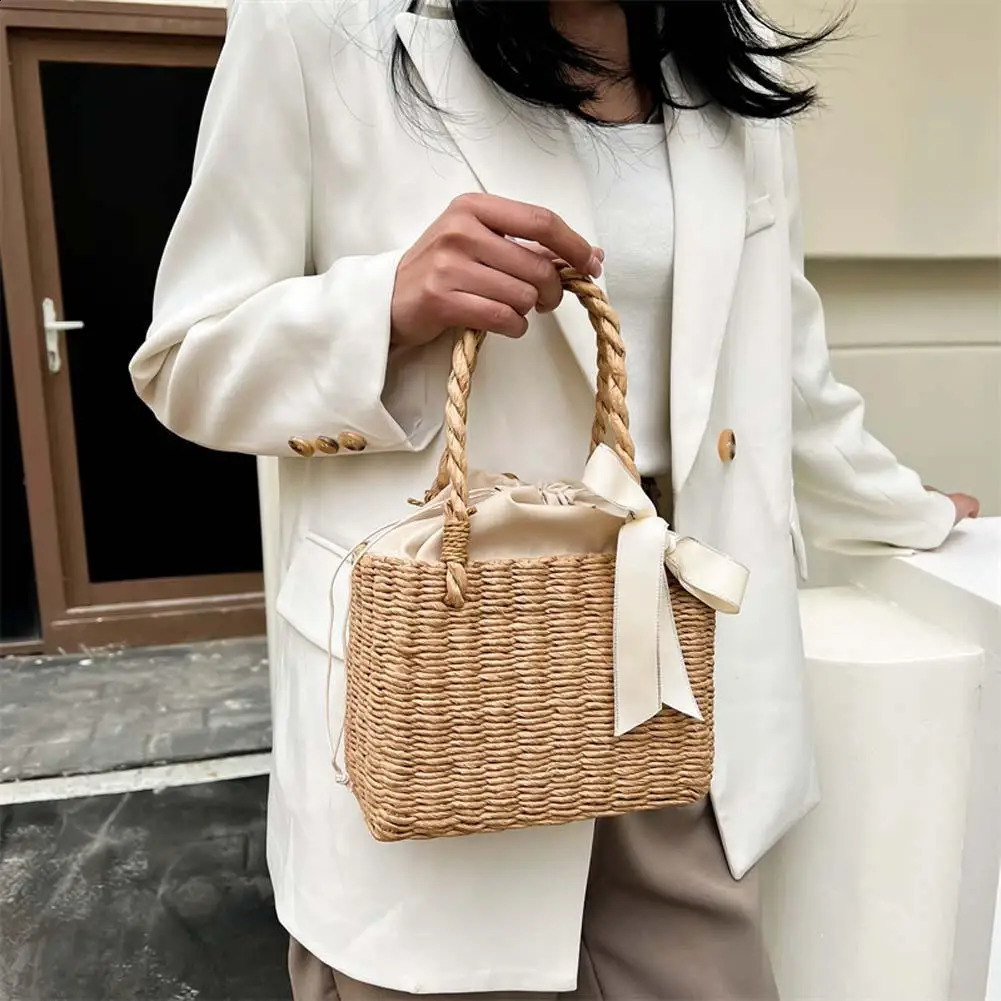 Beach Handmade Woven Portable Tote Bag Fashion Rattan Silk Ribbon Basket Handbag 240819