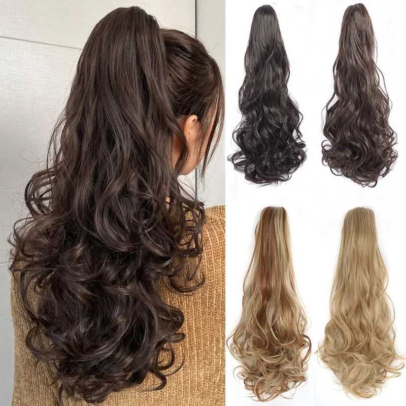 Ponytail extension claw clip Asian hair 22 wavy ponytail wig curled synthetic fake hair blonde piece for womens daily use W240817