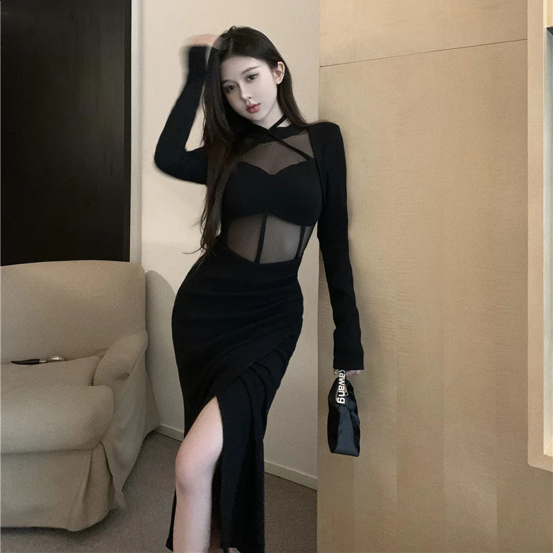 Long Sleeve Dresses Women Halter Elegant Black Sexy Slit Fashion Skinny Spring sweet Sheer European Style Ankle-length Party 240819