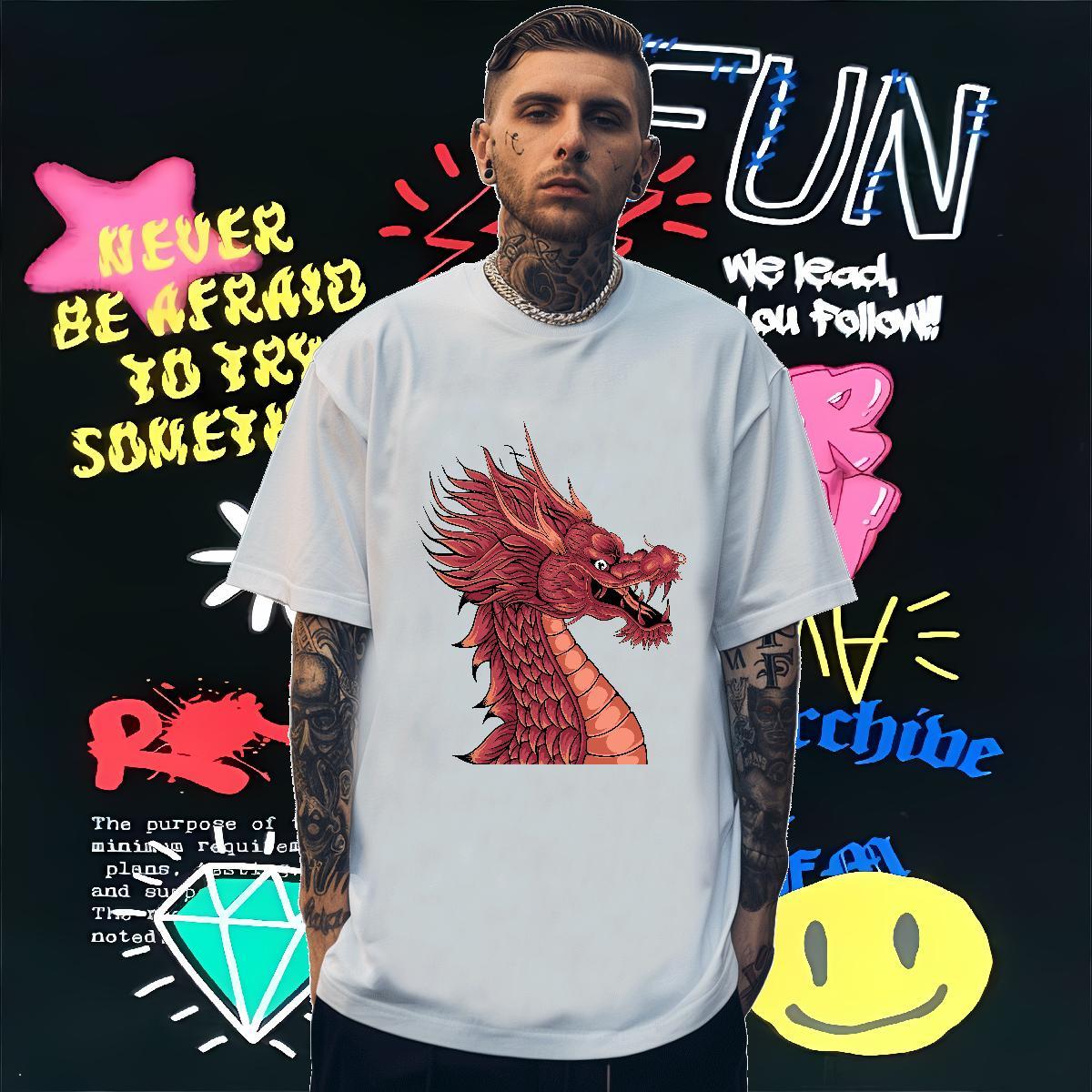 Mens T Shirts 230g 100% Cotton dragon head High Street Hip Hop Breathable Short Sleeve Custom Print Oversized Men Clothes T-Shirt Stylist TOP Quality 