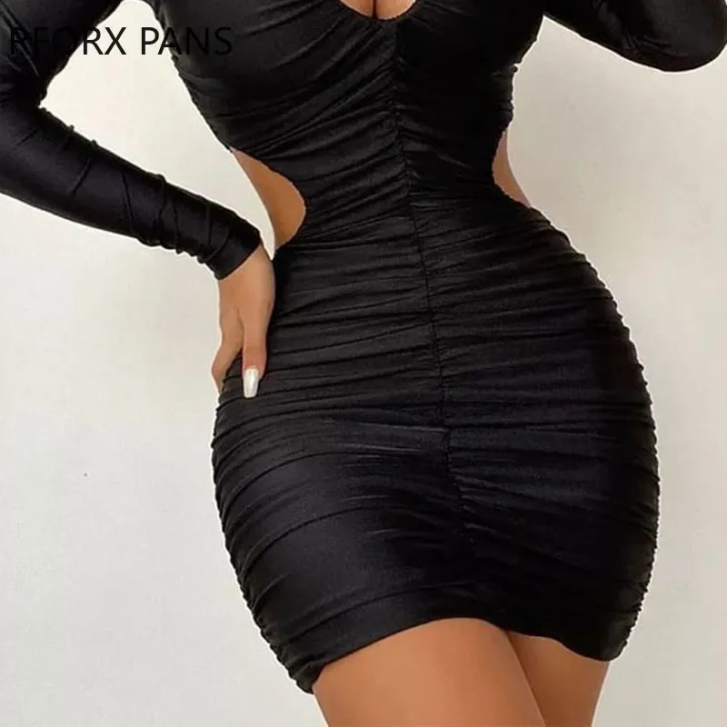 Women Chic Solid Keyhole Turtleneck Midriff Long Sleeves Shirring Mini Bodycon Party Sexy Dress 240819