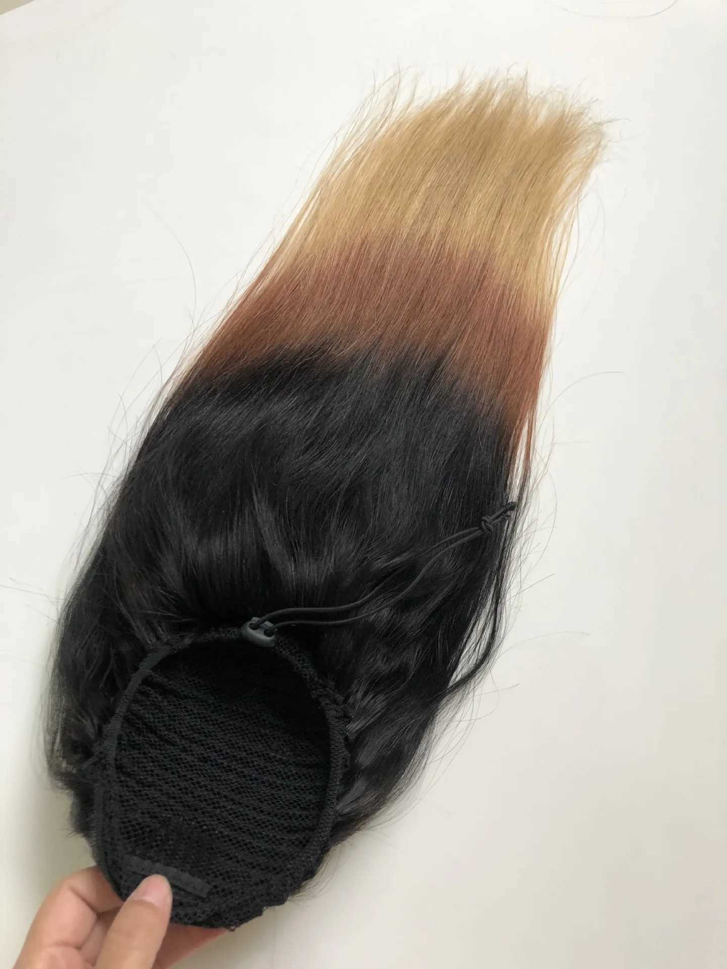 T1B 4 27 straight ponytail sandwiched between Remy human natural hair Peruvian blonde straight ponytail wrapped around ponytail W240817