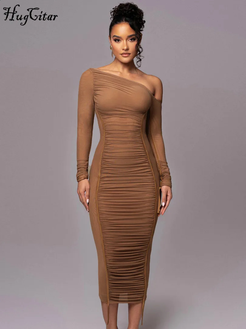 Hugcitar Mesh Solid Diagonal Collar Long Sleeve Draped Sexy See Through Bodycon Maxi Dress Summer Fashion Clothes Festival Club 240819