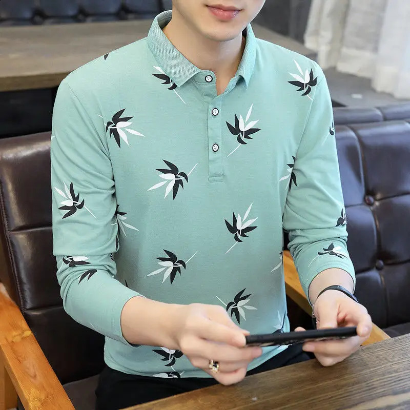 Stylish Button Printed All-match Polo Shirts Mens Clothing Autumn Loose Casual Pullovers Long Sleeve Korean Tee Shirt 240820