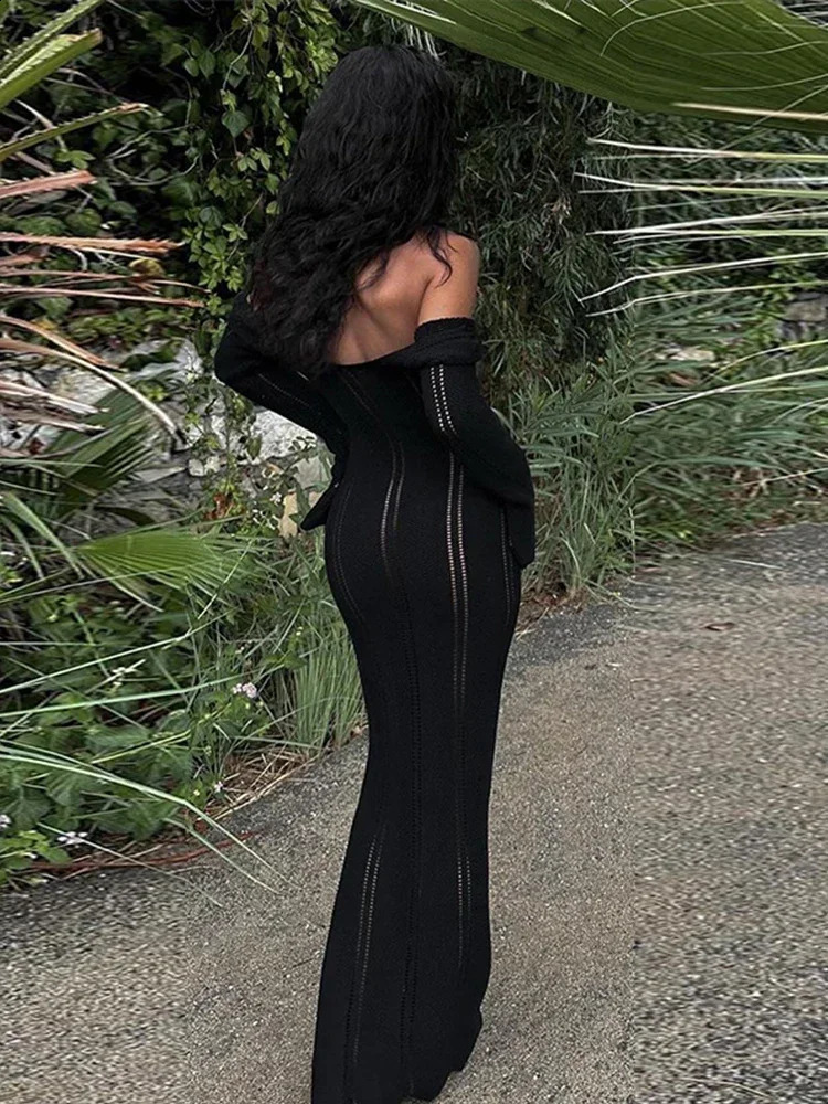 Elegant Knit Hollow Out Long Dress Women Sexy V-neck Flare Sleeve Wave Edge Female Dresses Autumn Lady Vacation Robes 240819