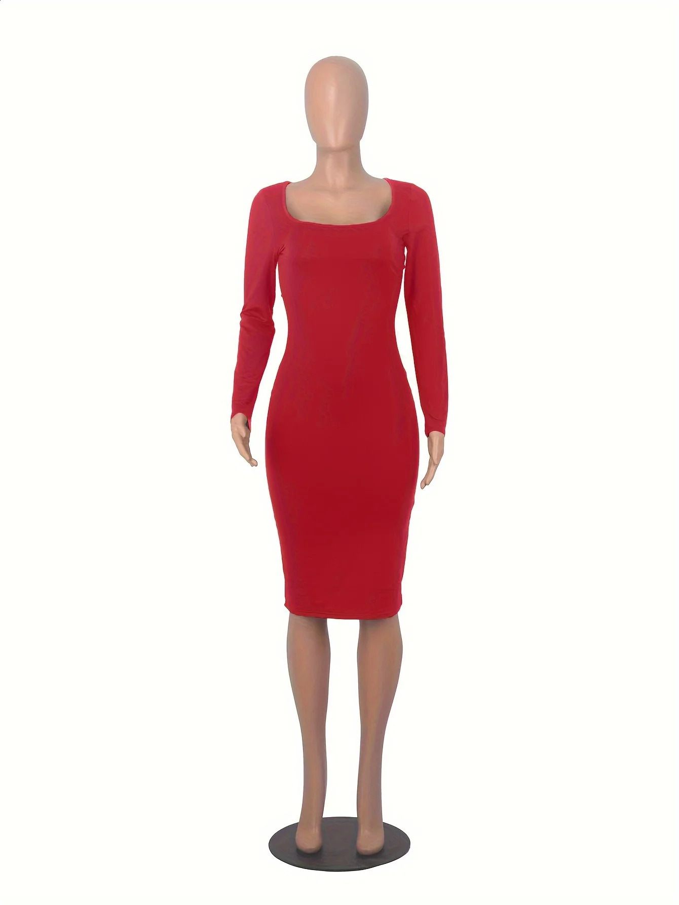Womens Long Sleeve U-Neck Party Bodycon Midi Jumper Dress Stretch Winter Dresses 240819
