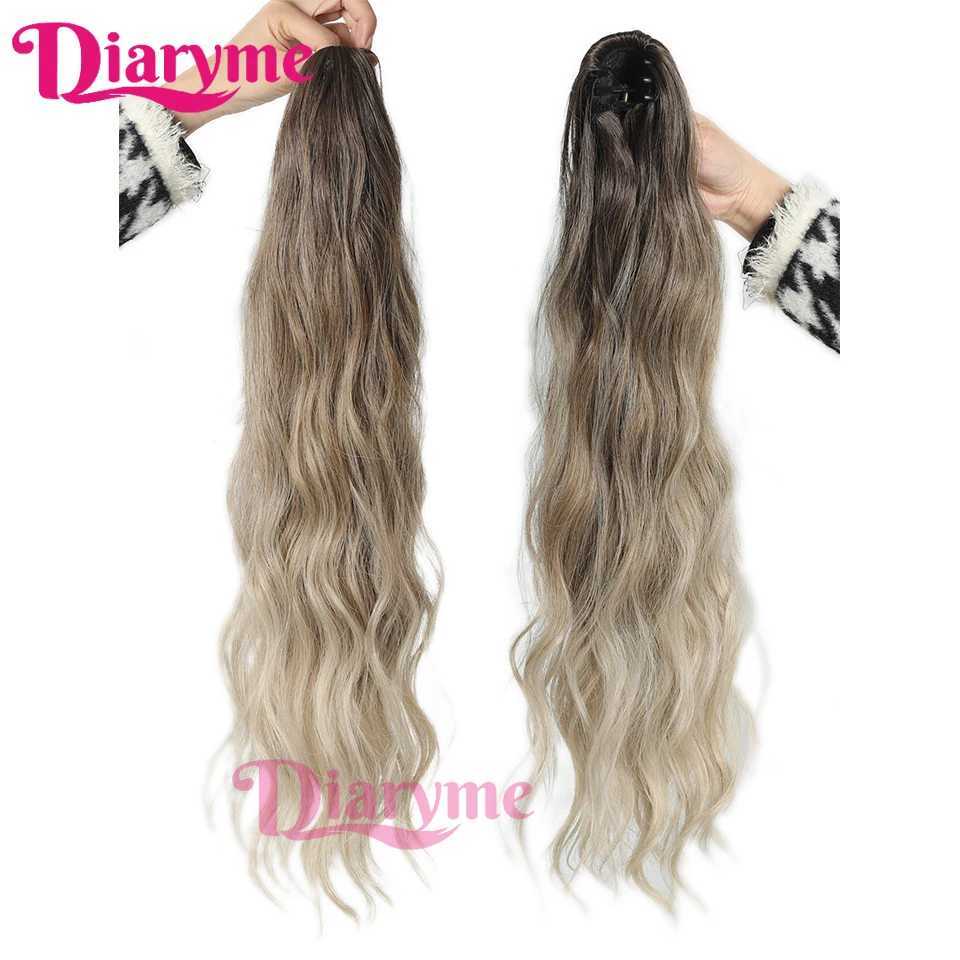24 inch synthetic claw clip ponytail long natural wavy ponytail hair extension wig Umbre brown blonde ponytail fake W240817